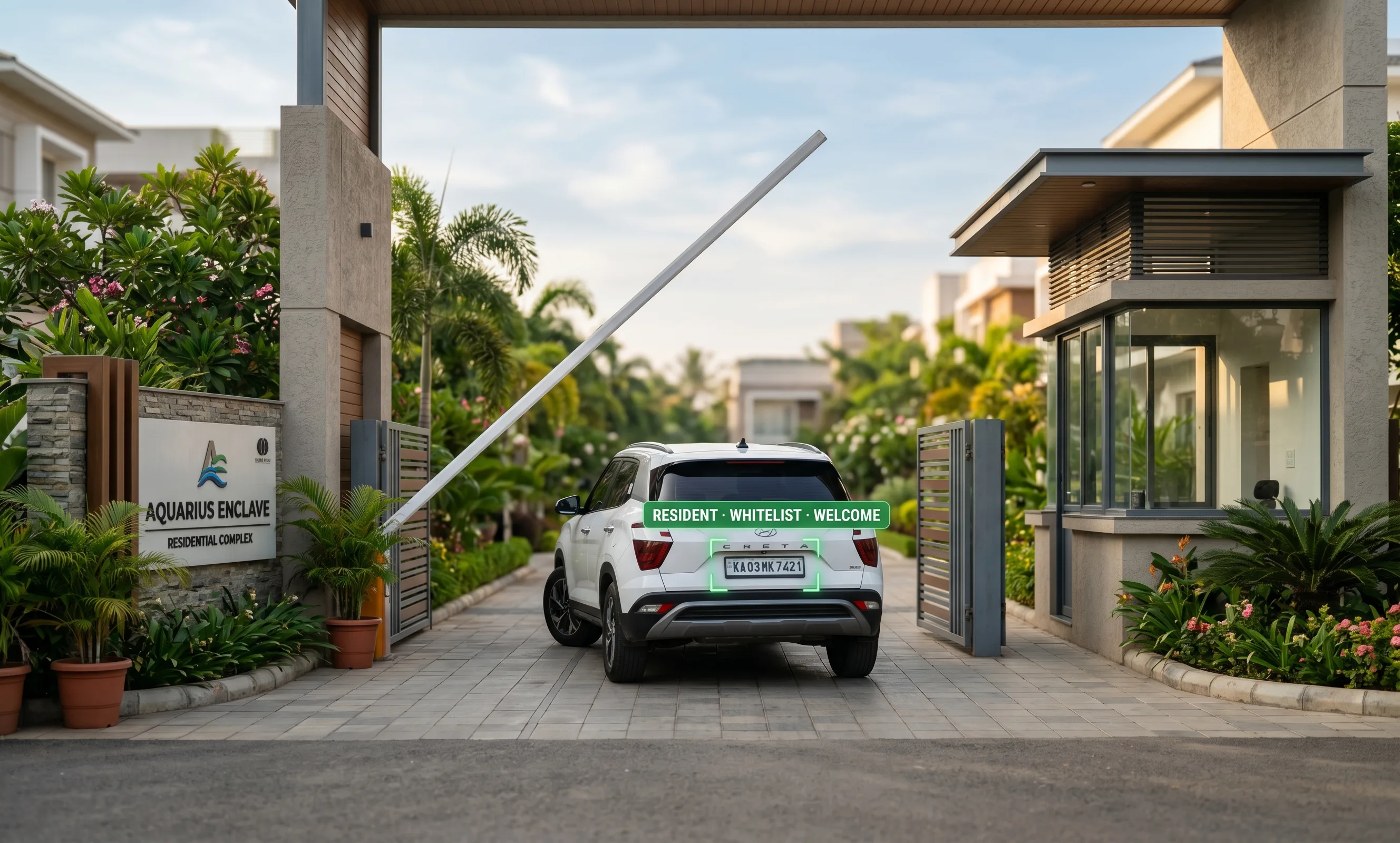ANPR-controlled boom barrier reading whitelist and alert plates